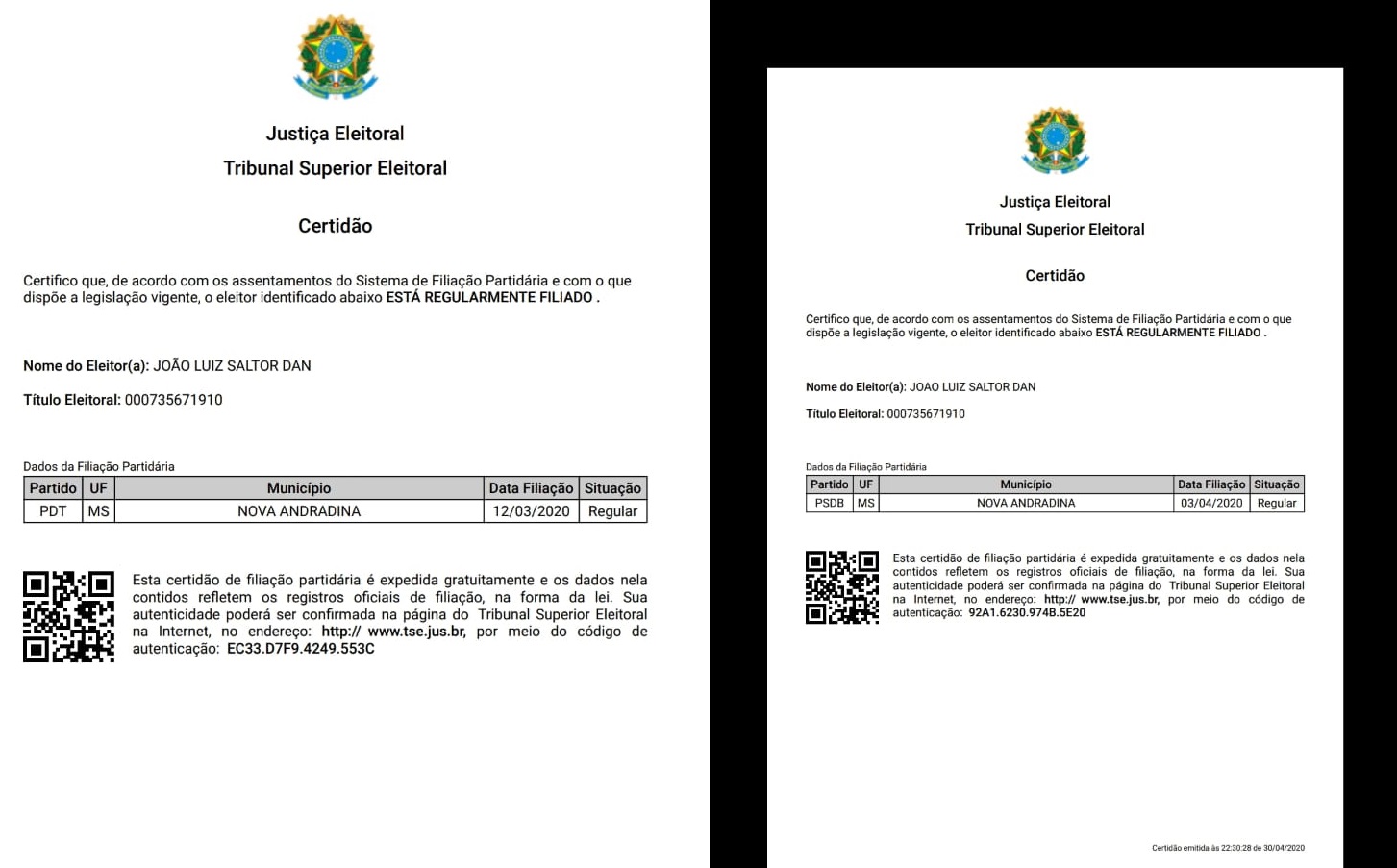 Certid&otilde;es do TRE-MS tanto do PDT quanto do PSDB - Foto: Reprodu&ccedil;&atilde;o/TRE-MS